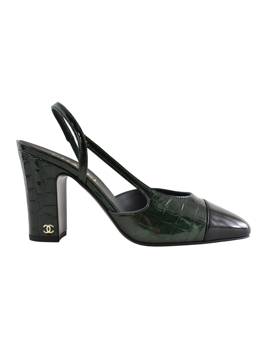 Chanel 26A Green Black Crocodile Croc Coco Sling Slingback Block Heel Pump 38c